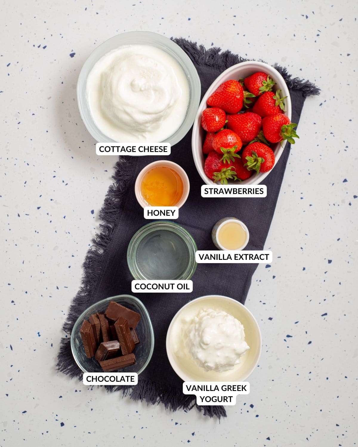 Ingredients for strawberry cottage cheese chocolate clusters.