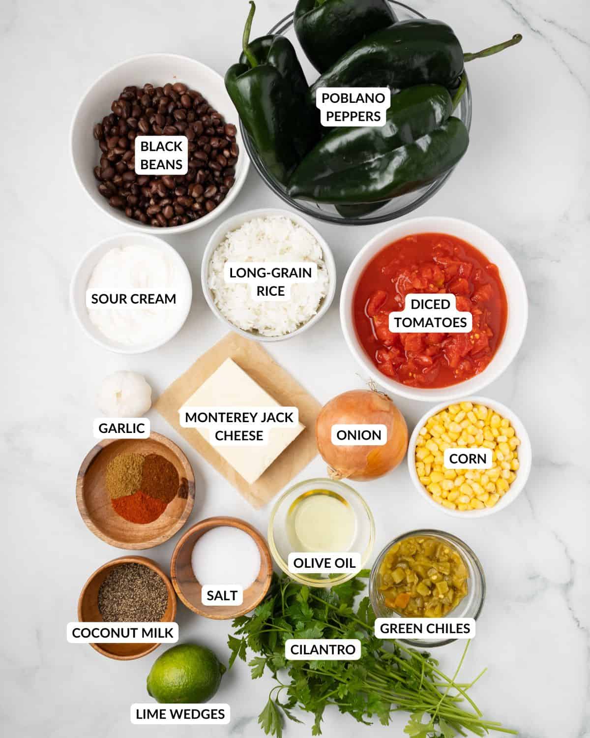 An overhead image of the ingredients of stuffed poblano peppers.