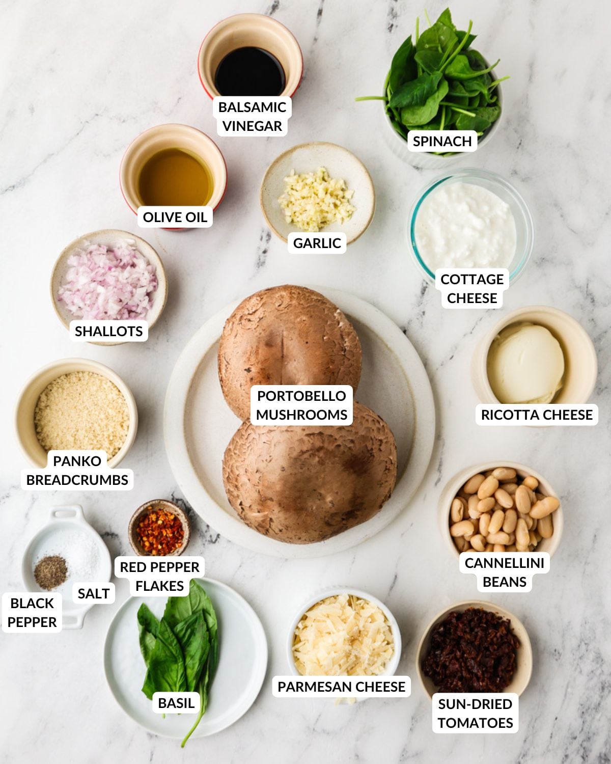 An overhead image of the ingredients of vegetarian stuffed portobello mushrooms.