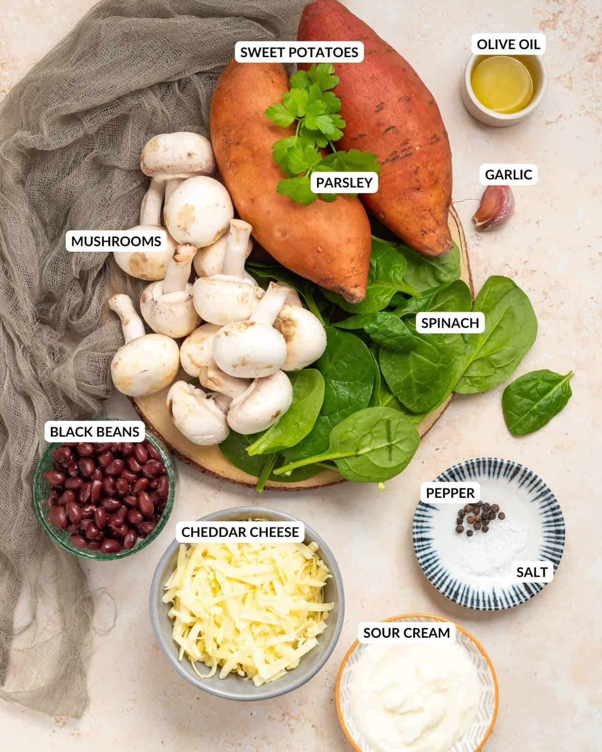An image of labeled ingredients of sweet potato skins recipe.