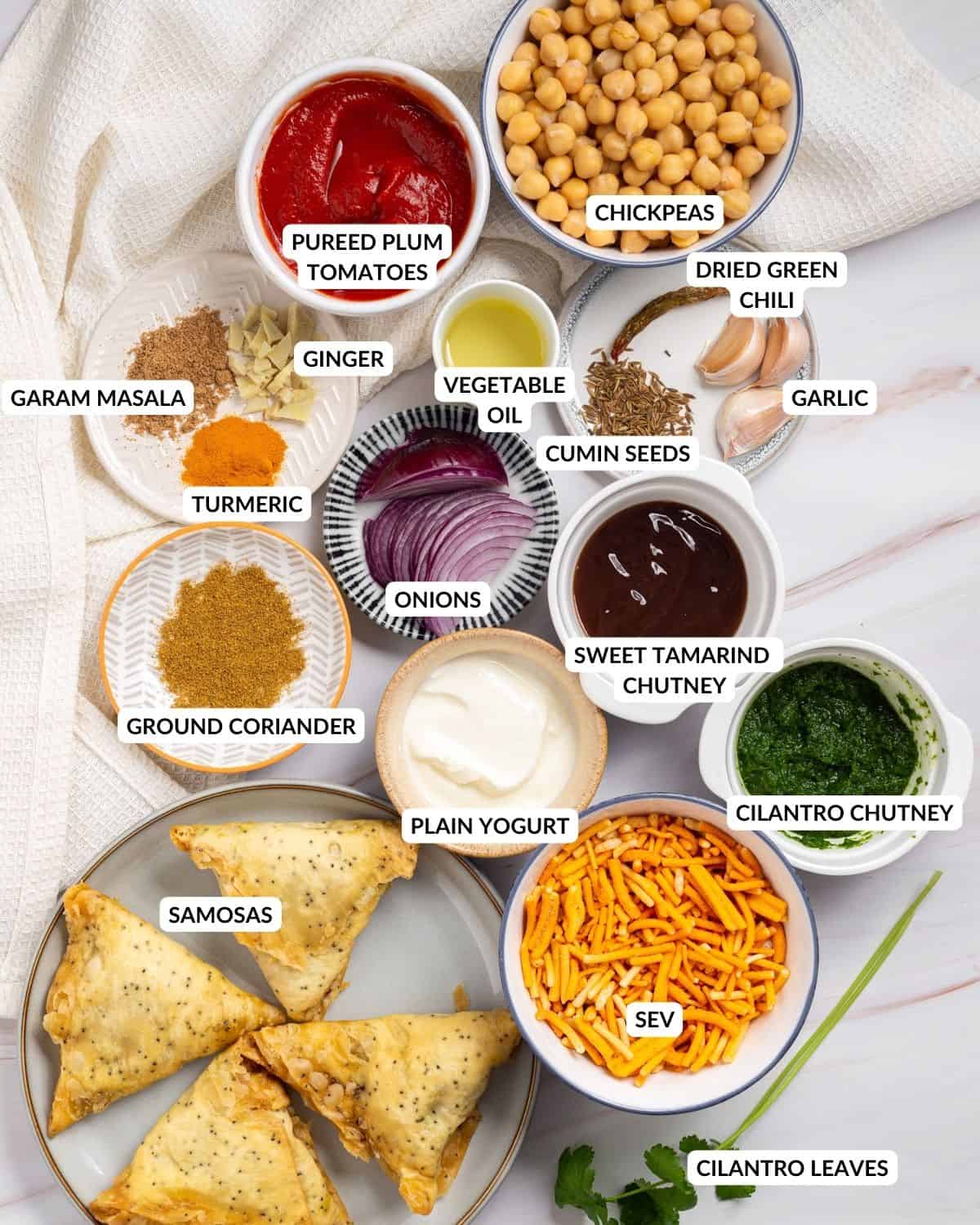 Labeled ingredient list for samosa chaat - check recipe card for details!