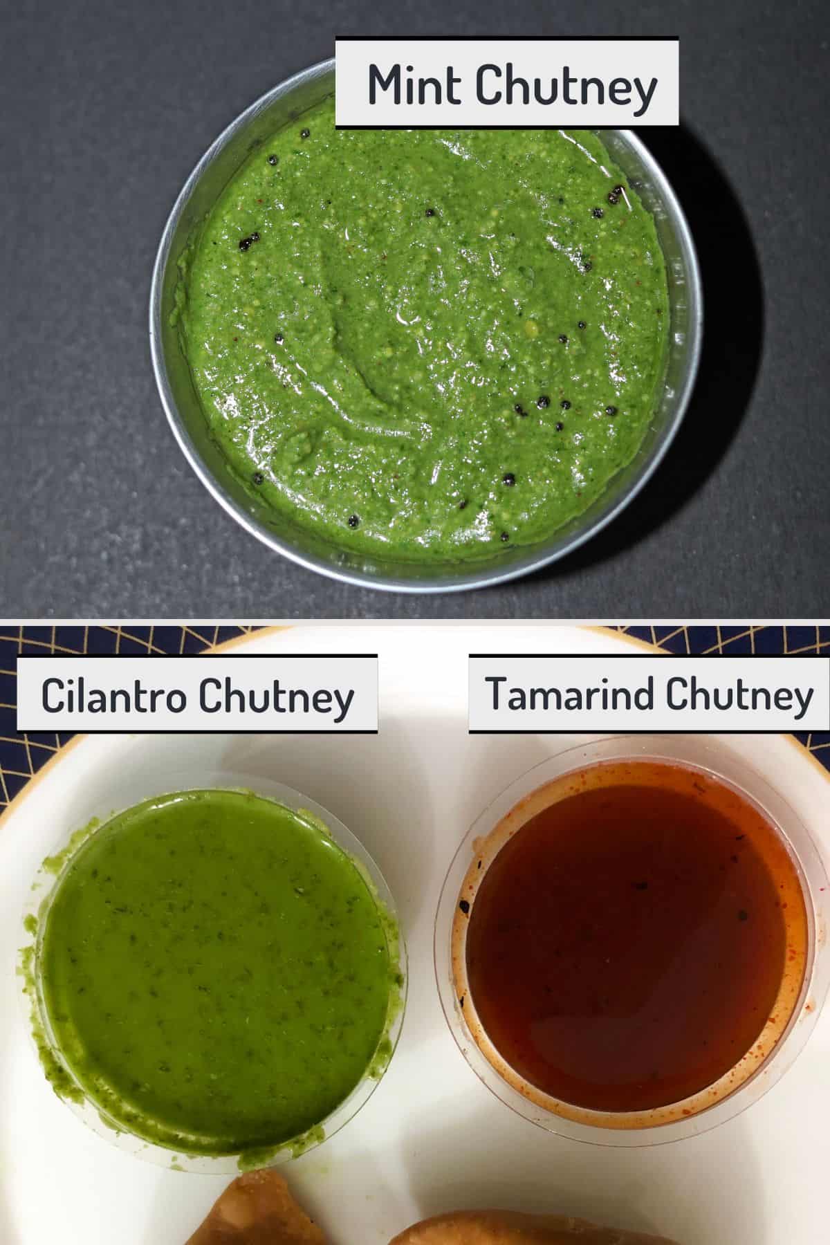 Collage showing mint chutney, cilantro chutney, and tamarind chutney with text overlay.