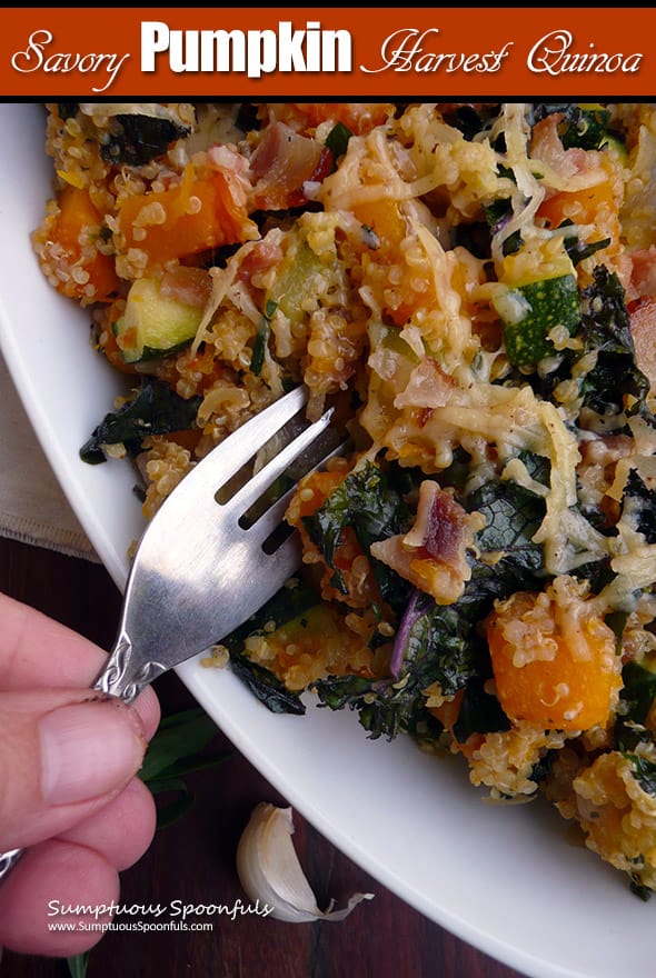 A close-up shot of a hand using a fork to get the savory pumpkin-harvest quinoa out of the dish.