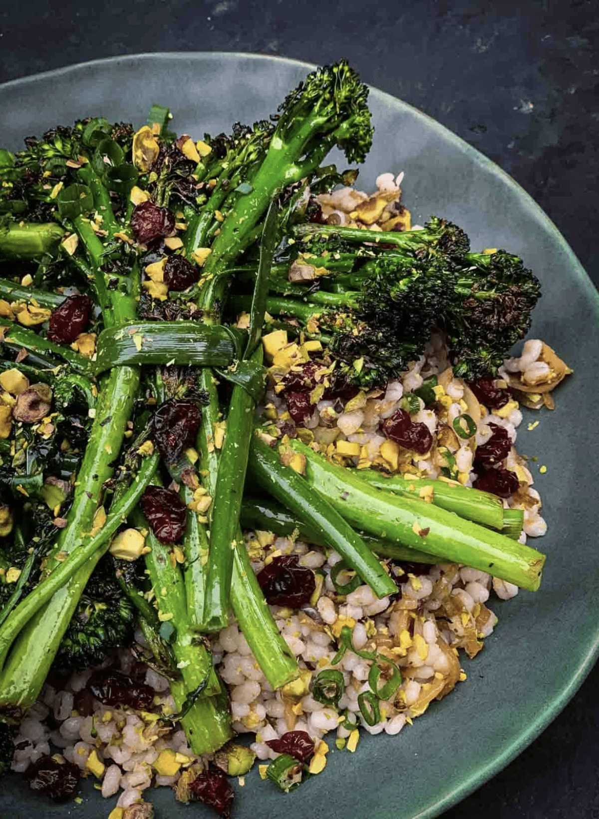 Close-up overhead view of grilled broccolini salad on a plate.