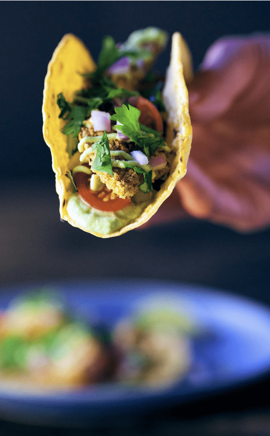A straight view of a hand holding the crispy squash tacos with jalapeno lime crema.