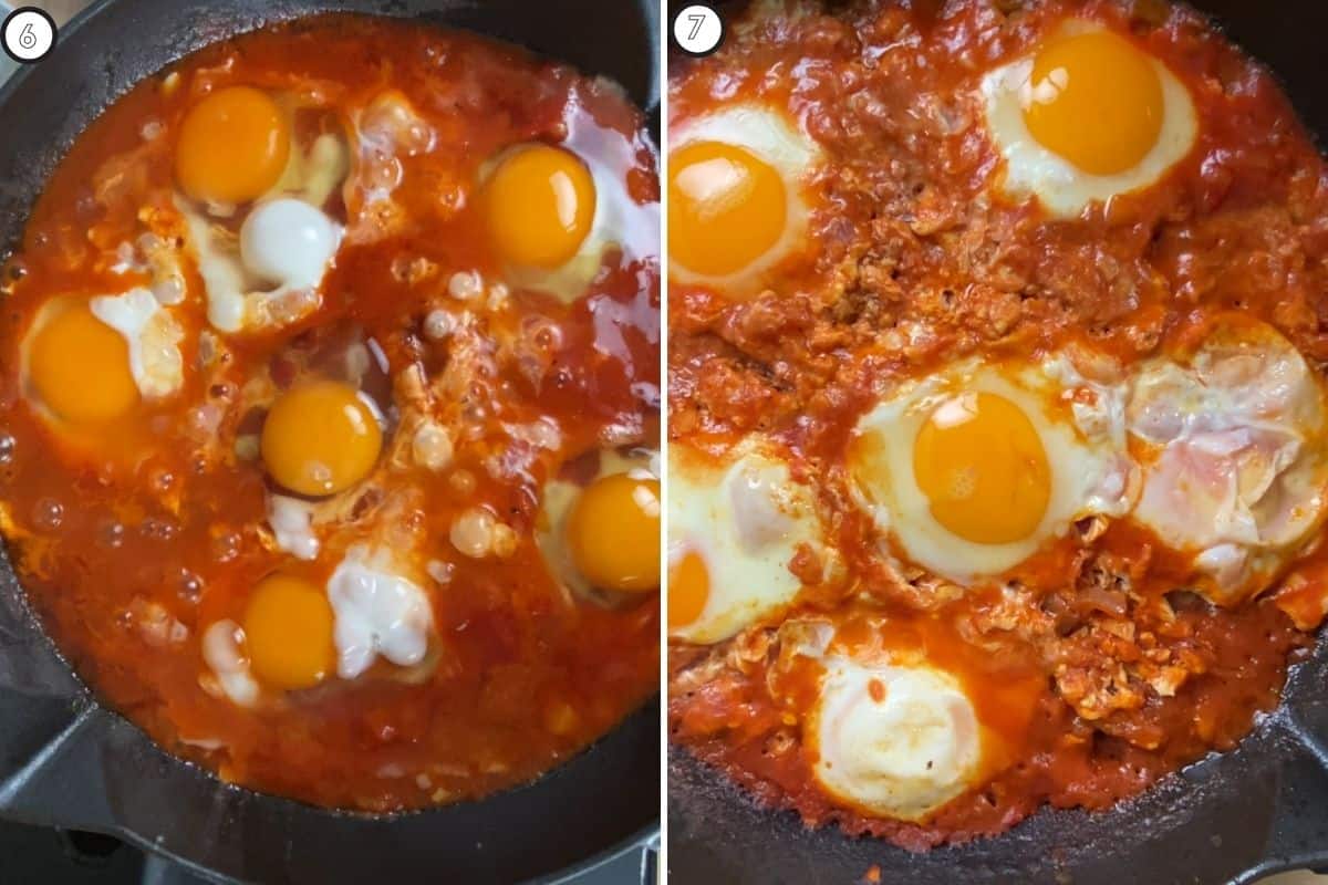 Two step collage showing how to crack eggs and cooked consistency