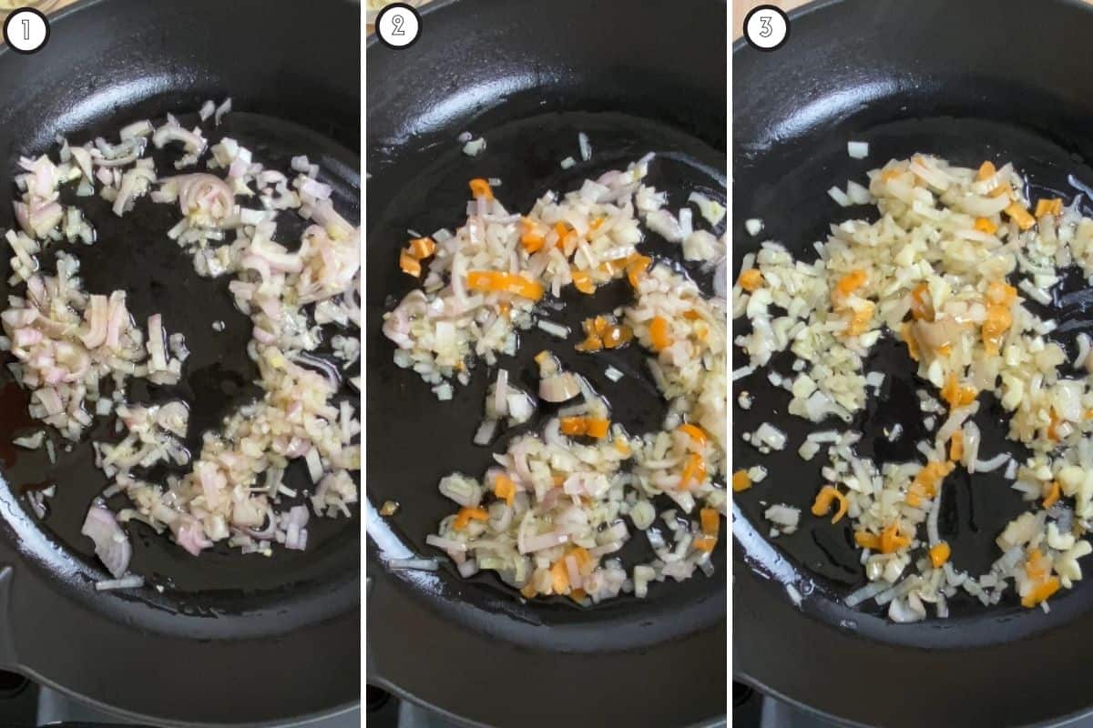 Three step collage showing how to saute aromatics for shakshuka