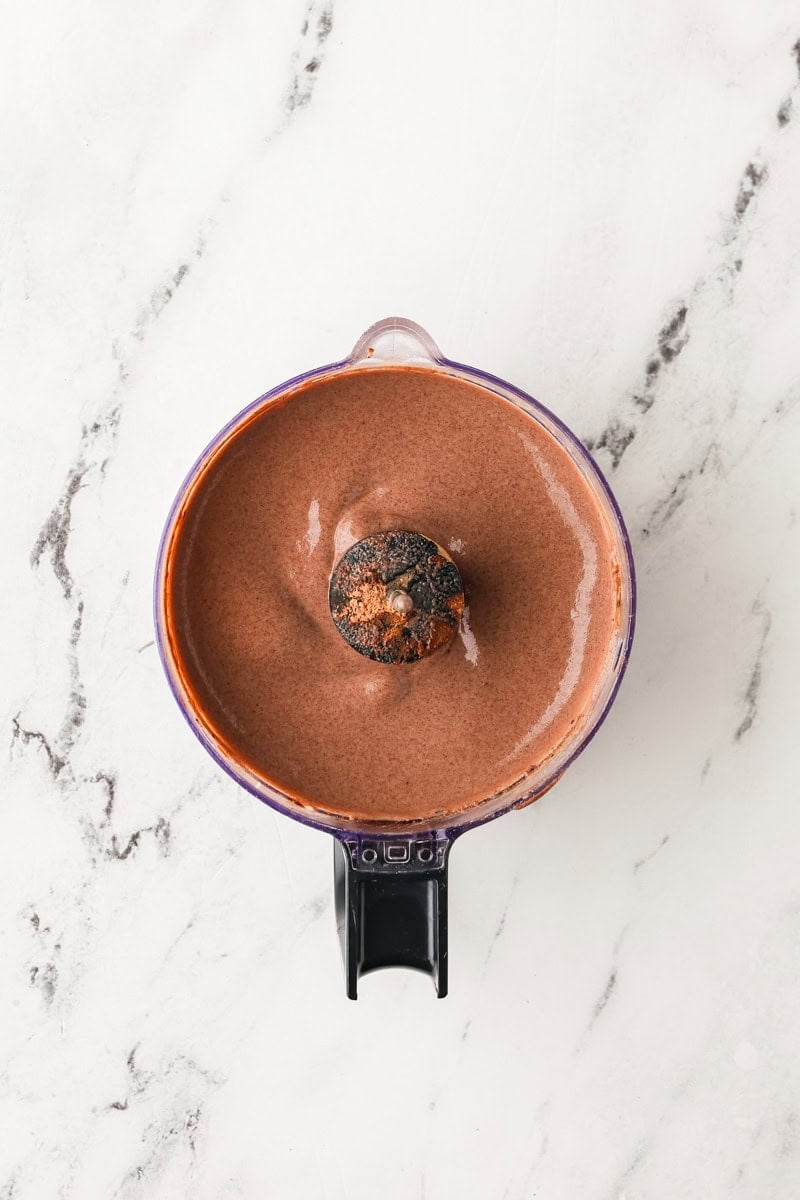 An overhead image of blending all the ingredients together.