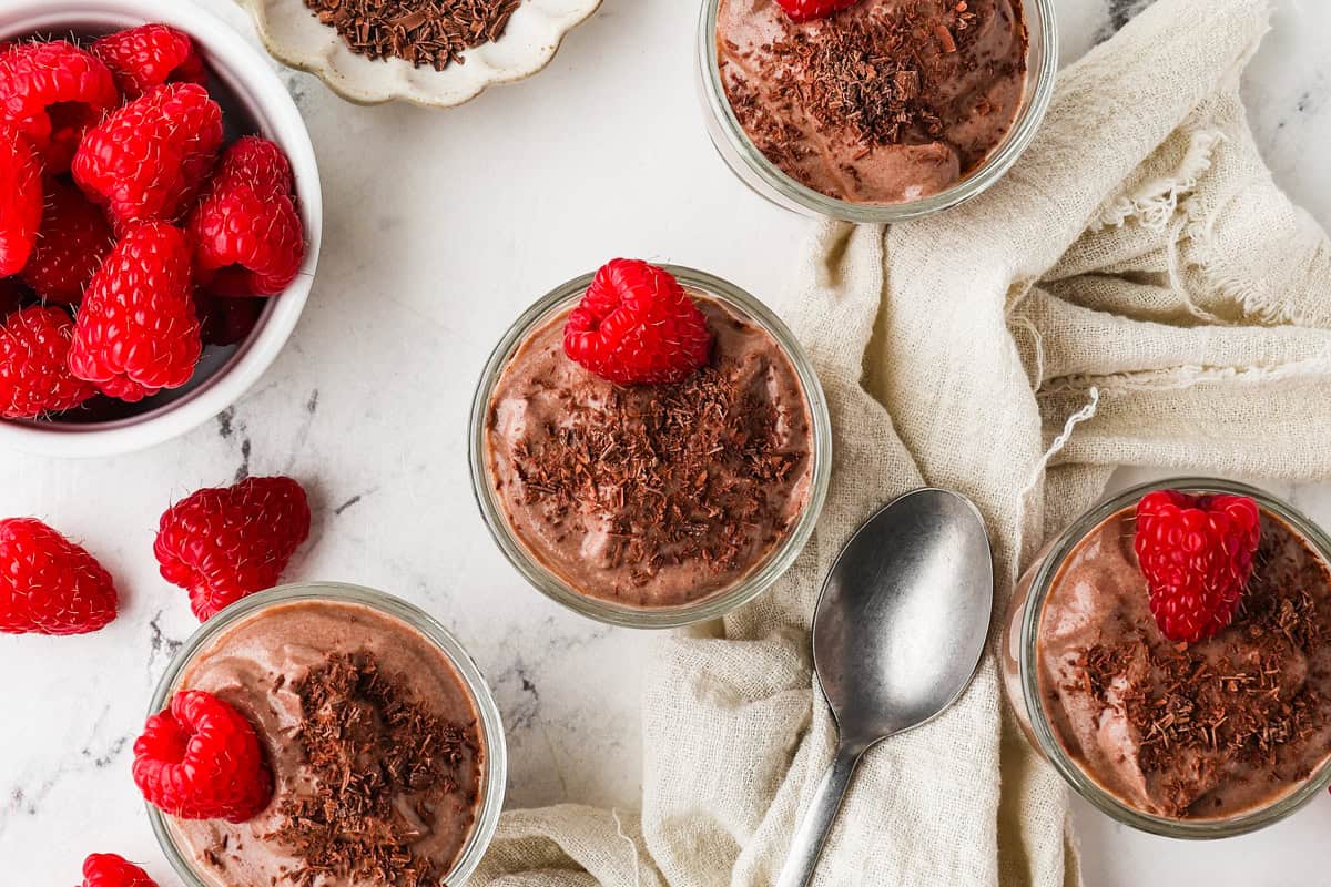An overhead imagea of silken tofu mousse in cups.