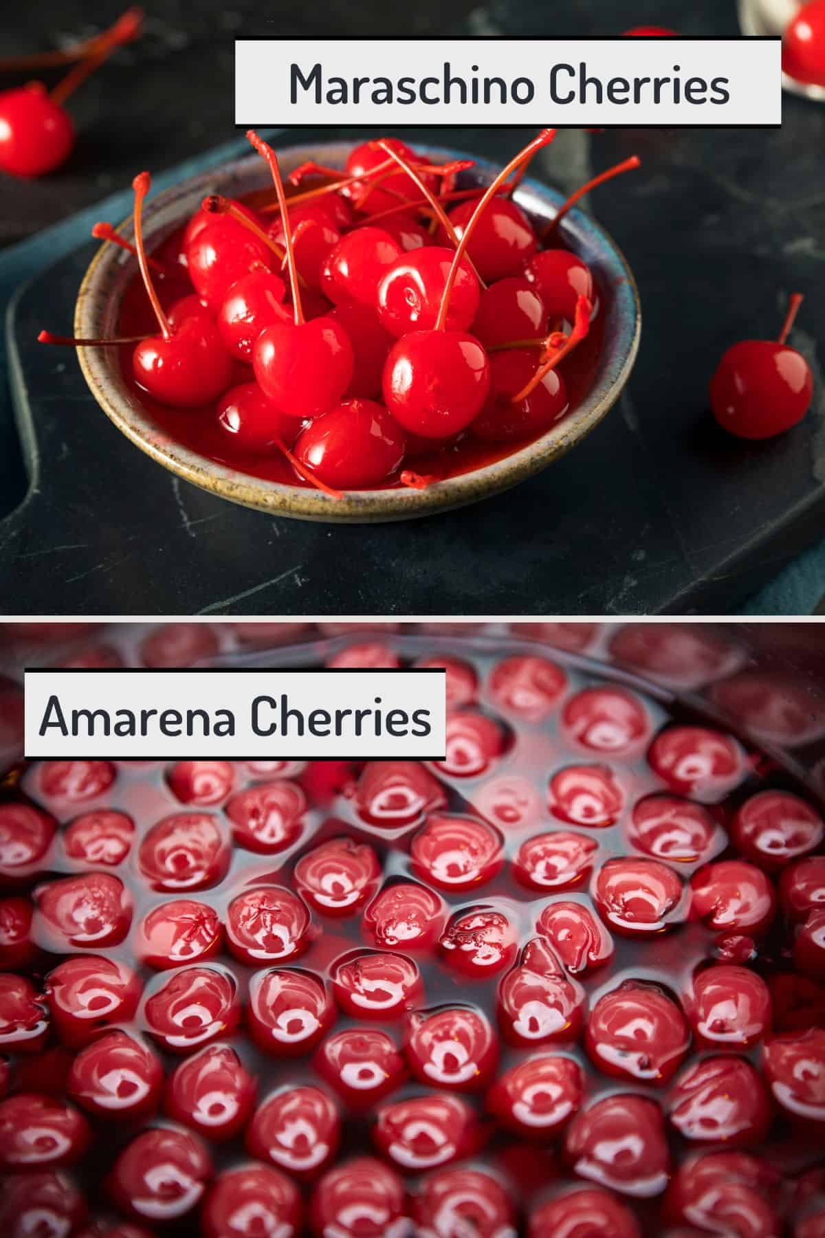 Two panel collage showing Marascino and Amarena cherries and text overlay with title.