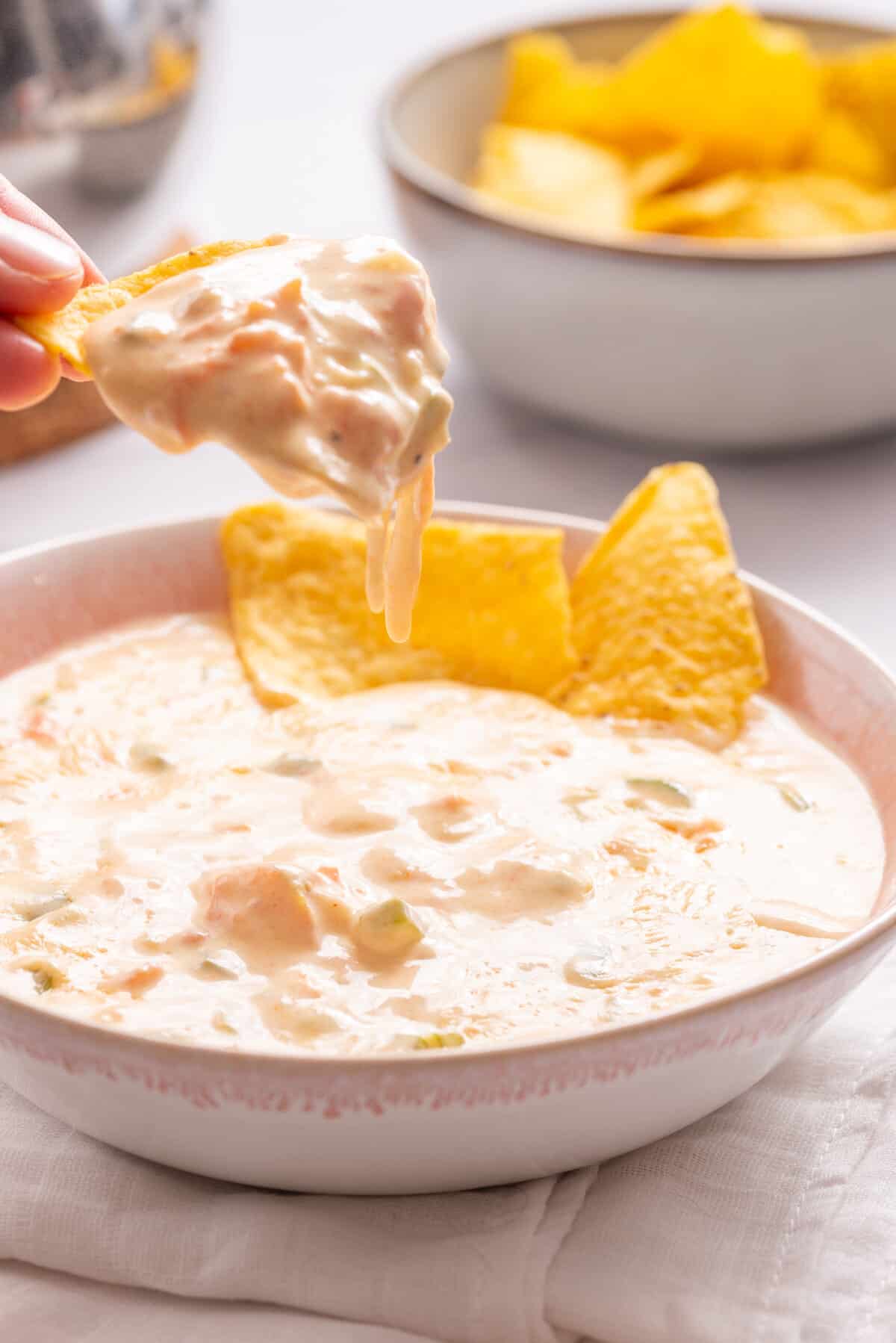 A vertical image of queso diablo with tortilla chips.