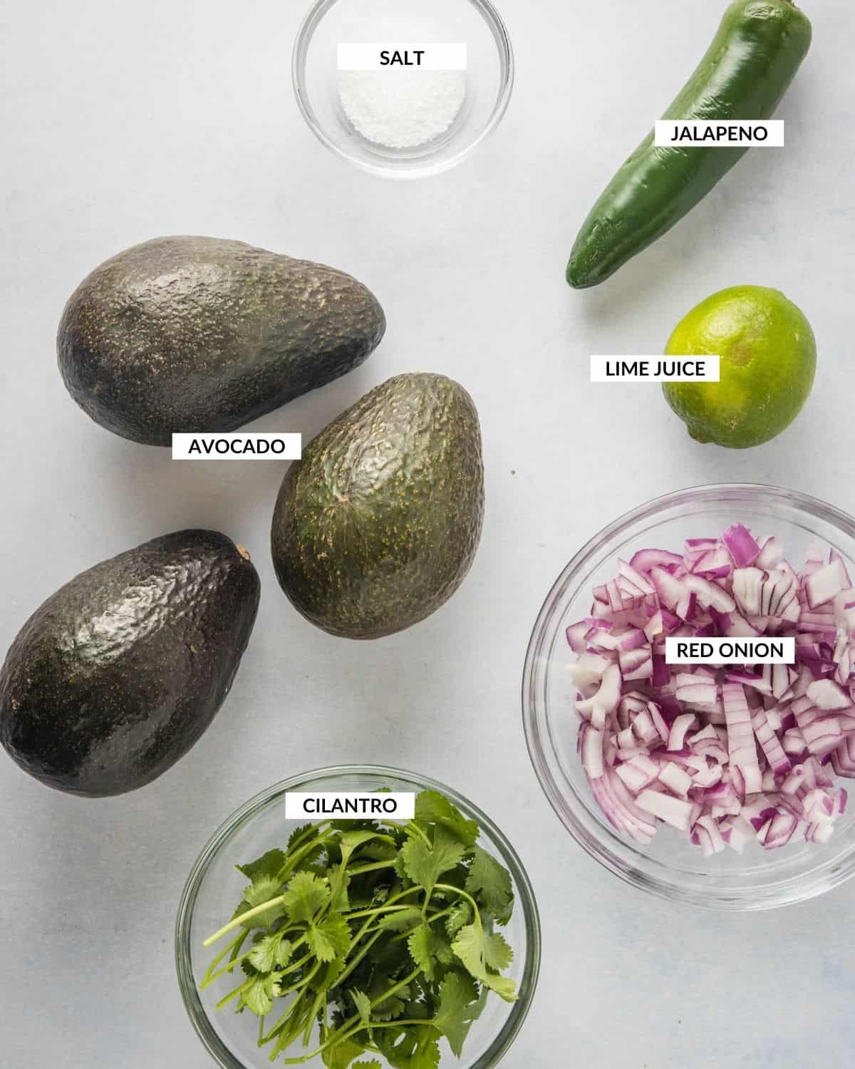 Labeled image showing ingredients for spicy guacamole