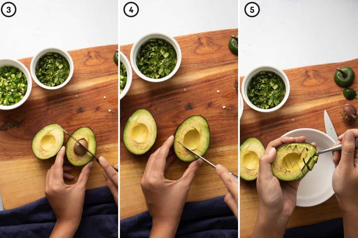 Three panel collage showing how to put, slice, and scoop avocado flesh for guacamole