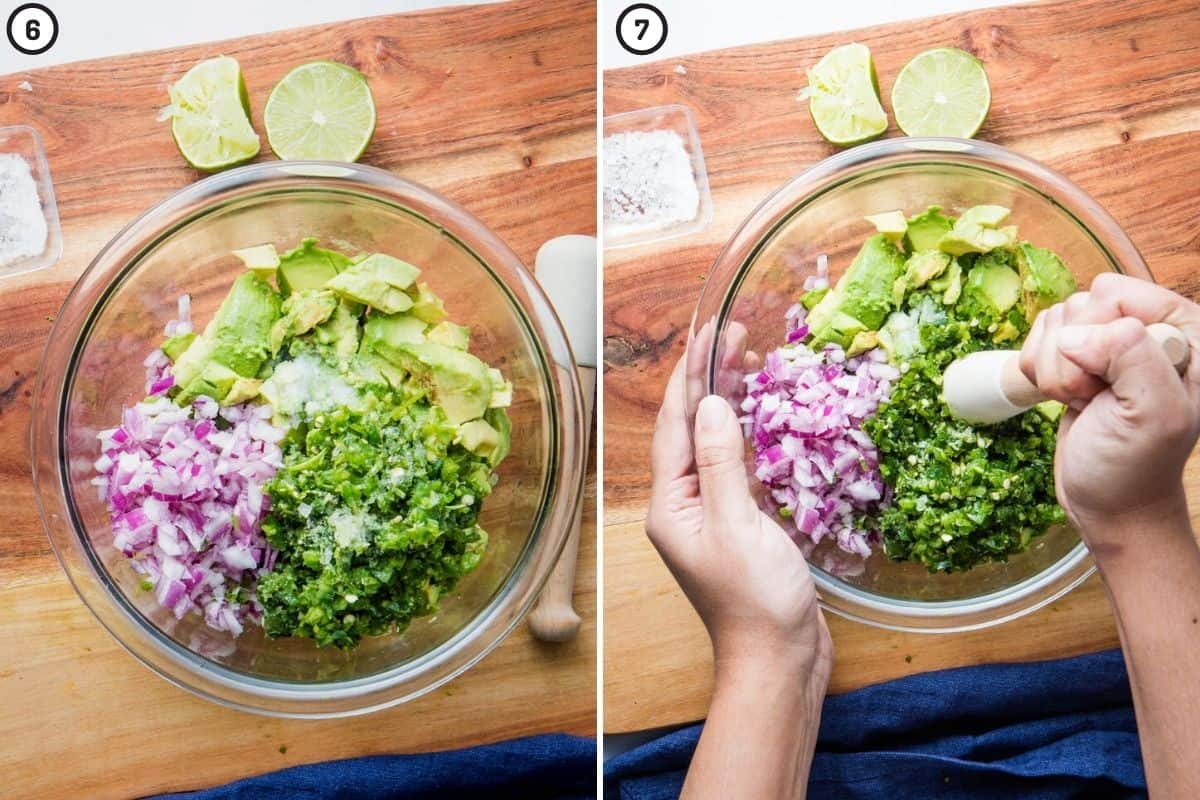 Two panel collage showing before and after of mixing guacamole ingredients together
