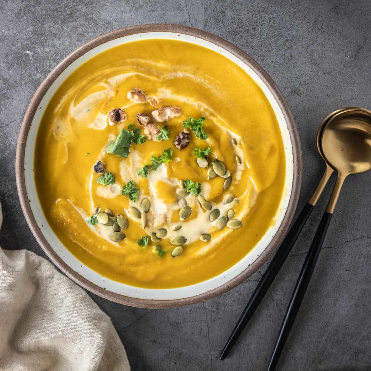 Close up of pumpkin soup in bowl