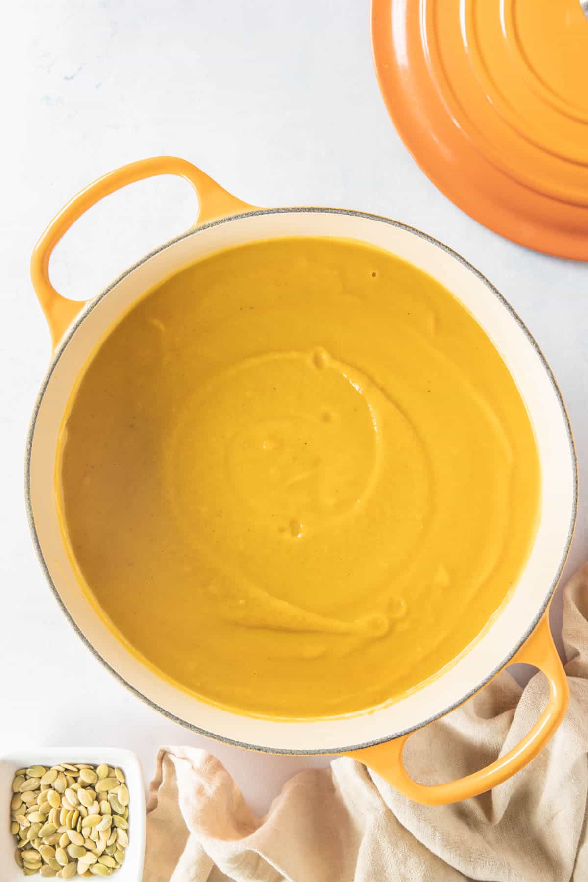 Finished spicy pumpkin soup in a large Dutch oven