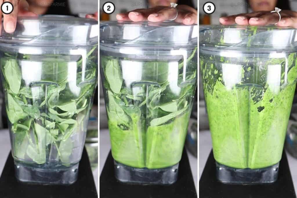 Three panel collage showing how to blend spinach with water to make spinach puree