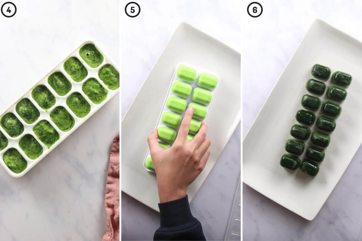 Three panel collage showing how to freeze spinach puree in ice cube trays