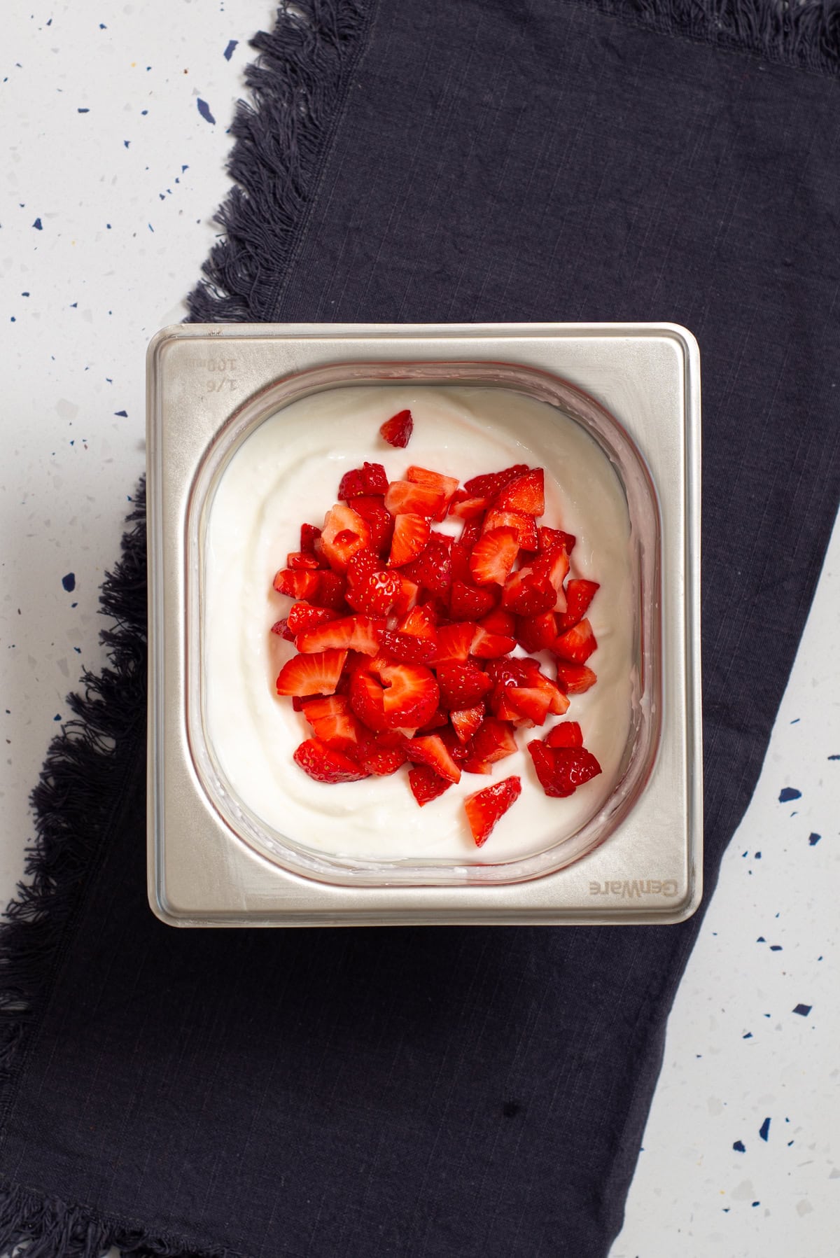 Diced strawberries folded into a creamy cottage cheese mixture.