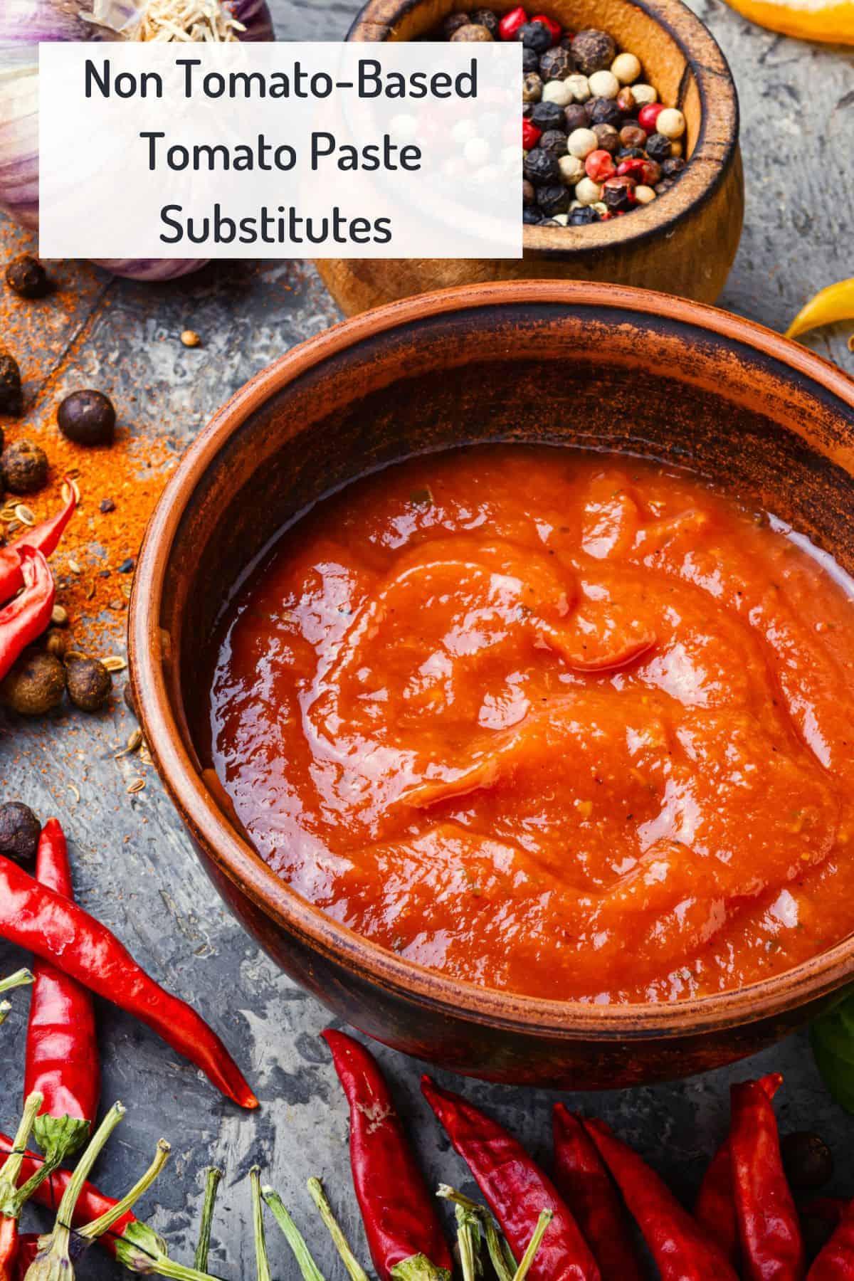 Close up photo of roasted red pepper sauce with text overlay of section title. 