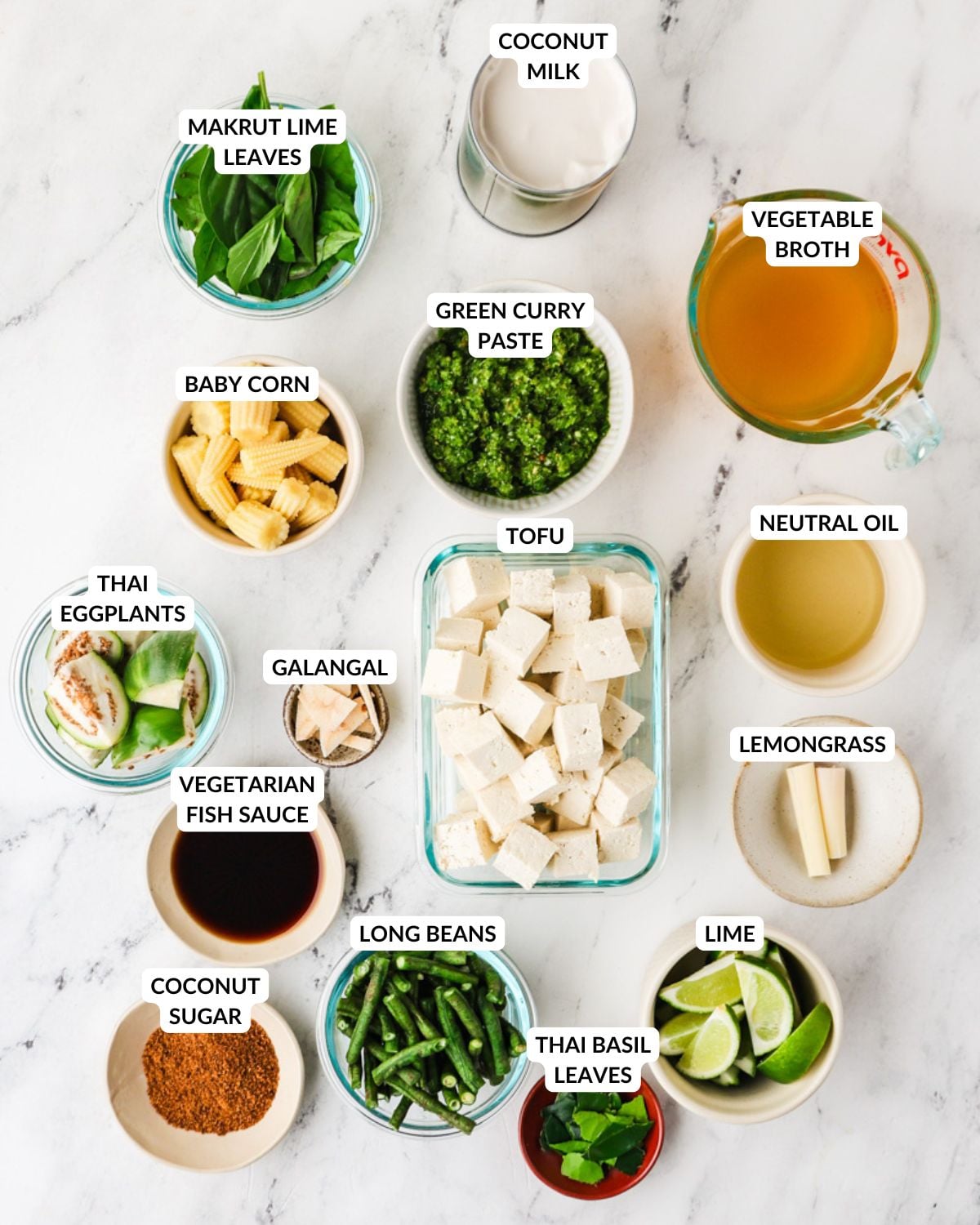 Overhead image of ingredients of Thai green curry with tofu.