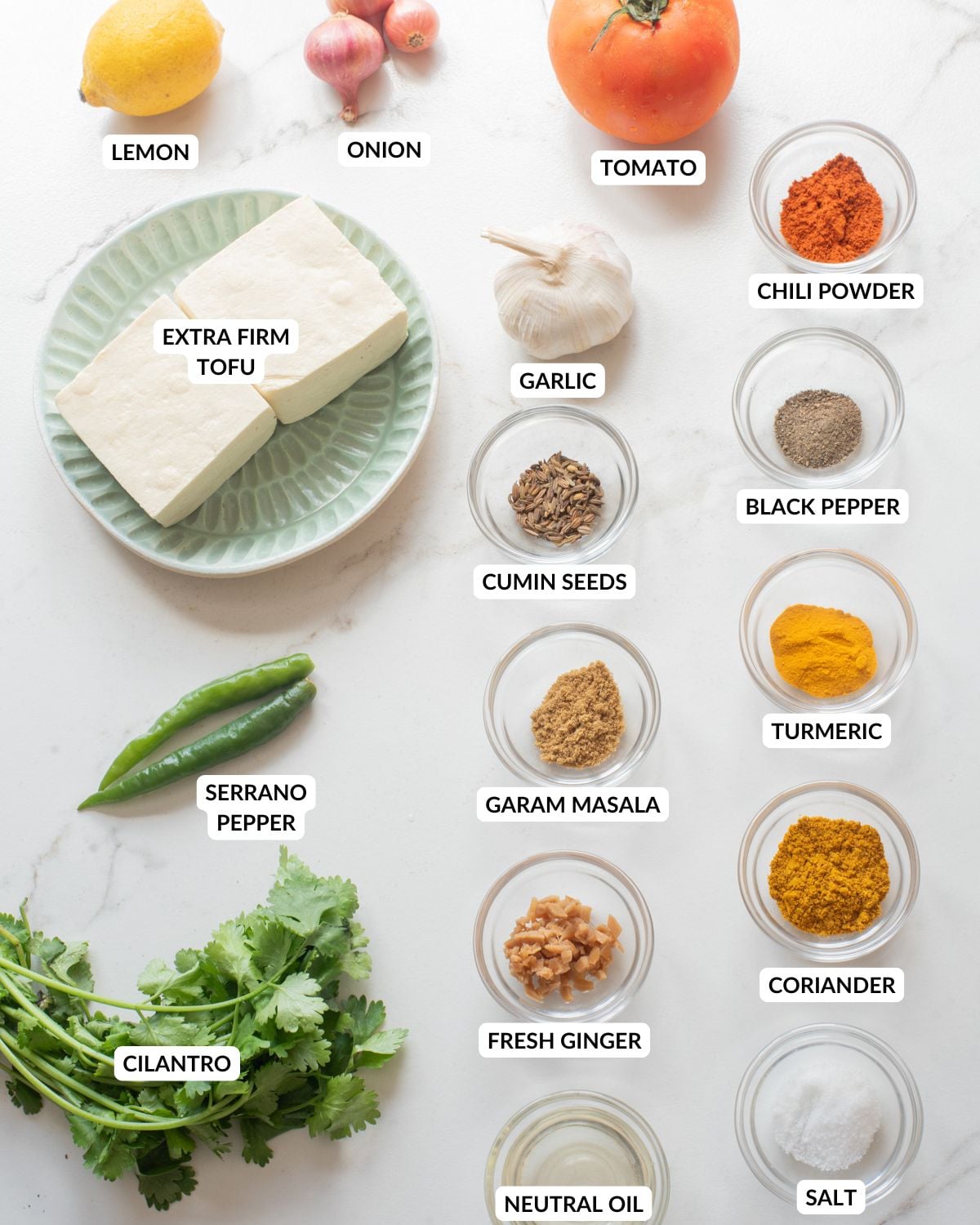 An overhead image of the ingredients of tofu bhurji.