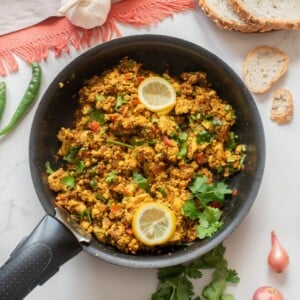 An overhead image of tofu bhurji in a skillet.