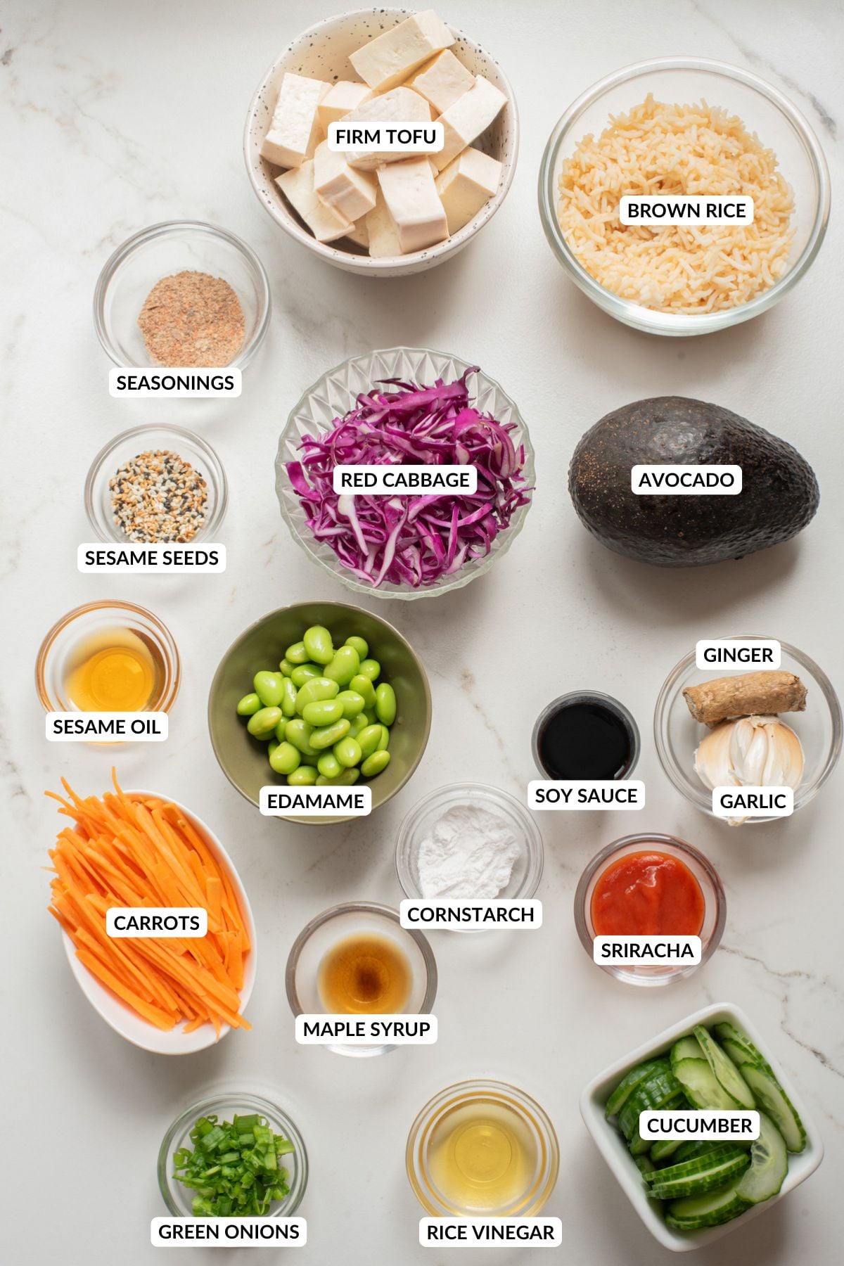 An overhead image of the ingredients of tofu bowl.