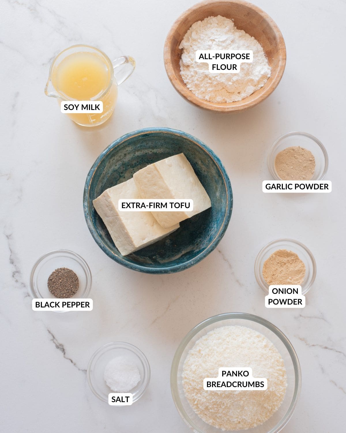An overhead image of the ingredients of tofu katsu.