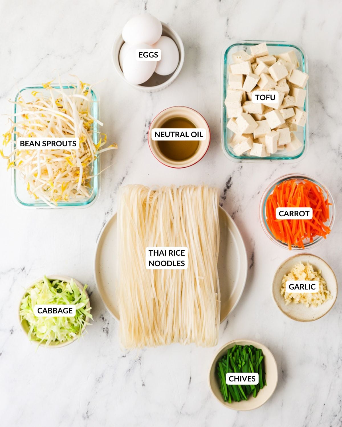 Overhead image of the ingredients for tofu pad thai without tamarind sauce.