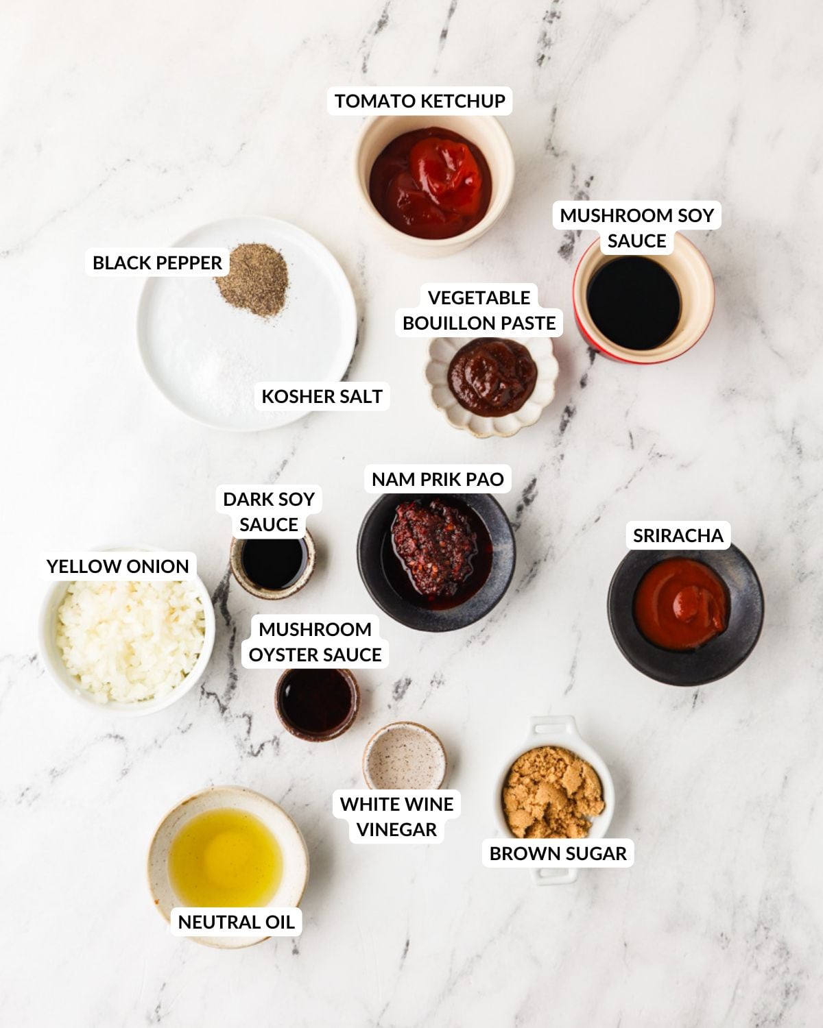 Overhead image of the ingredients for tofu pad thai without tamarind sauce.