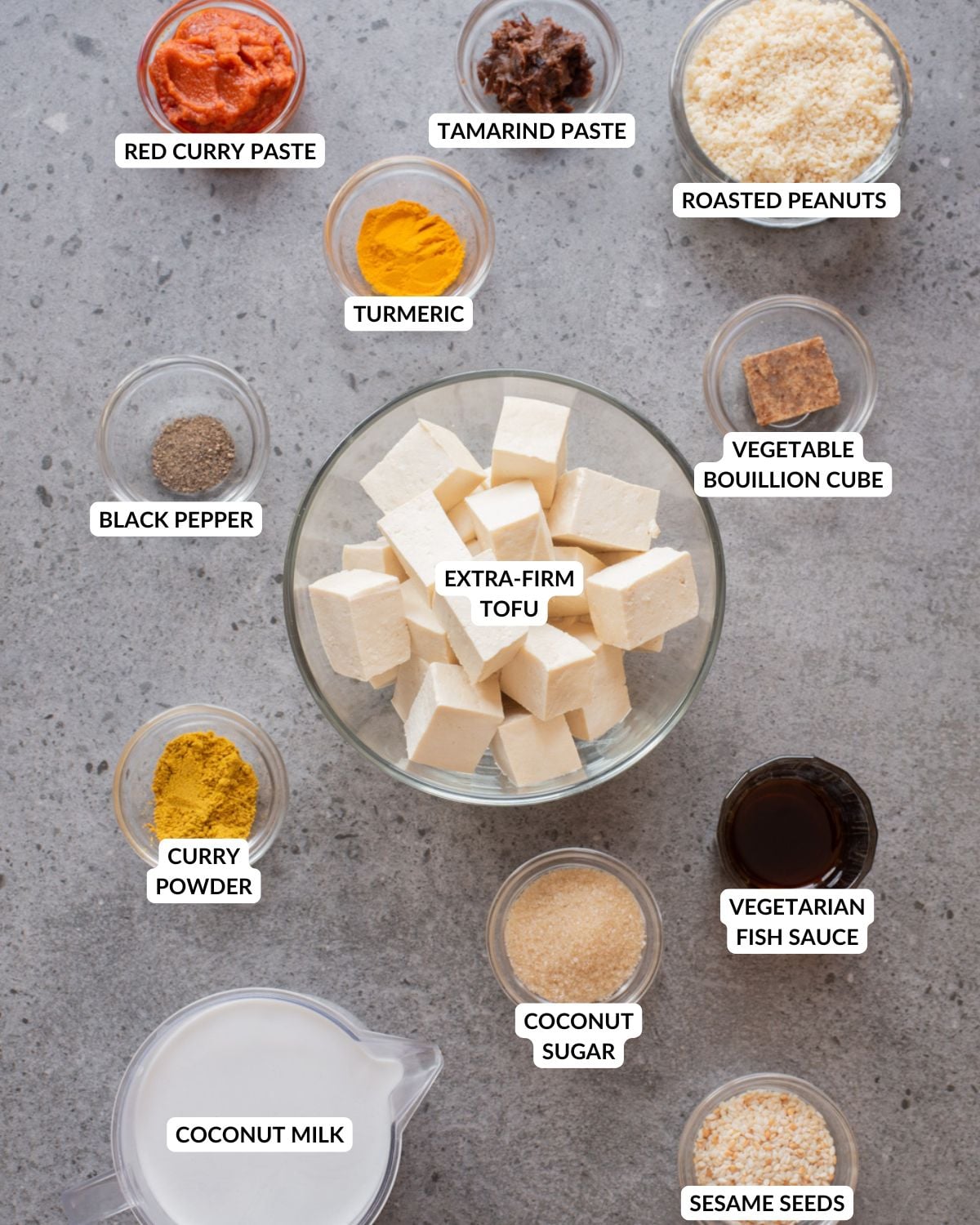 An overhead image of the ingredients of authentic tofu satay.