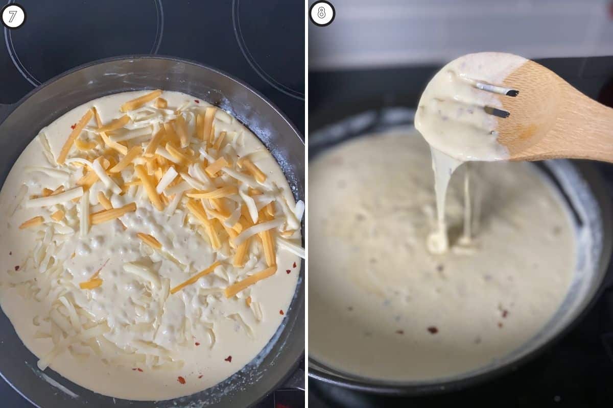 Two panel collage showing cheese sauce consistency