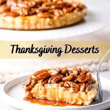 Close up of pecan pie cheesecake with text overlay of title.