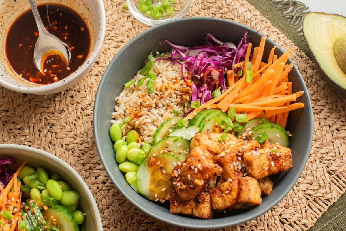 An overhead image of tofu bowl.