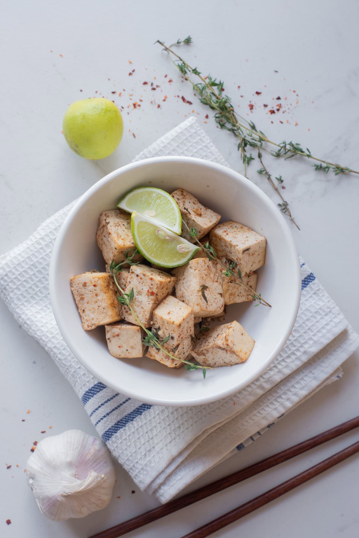An overhead image of jerk tofu served in a bowl.