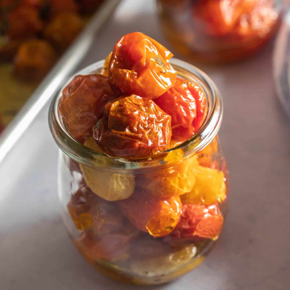 Close up of tomato confit in a jar