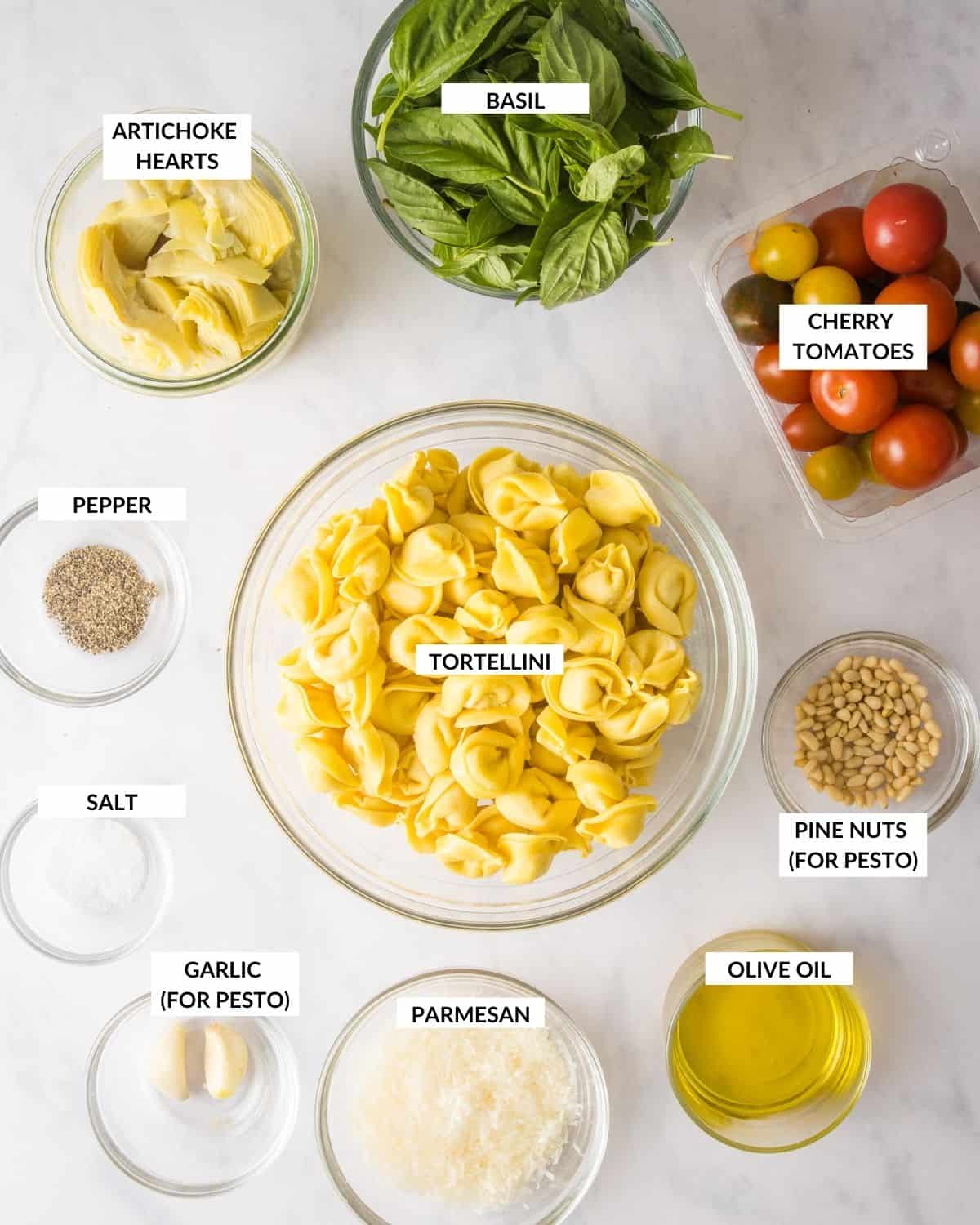 Labeled ingredient list for tortellini pasta salad - check recipe card for details.
