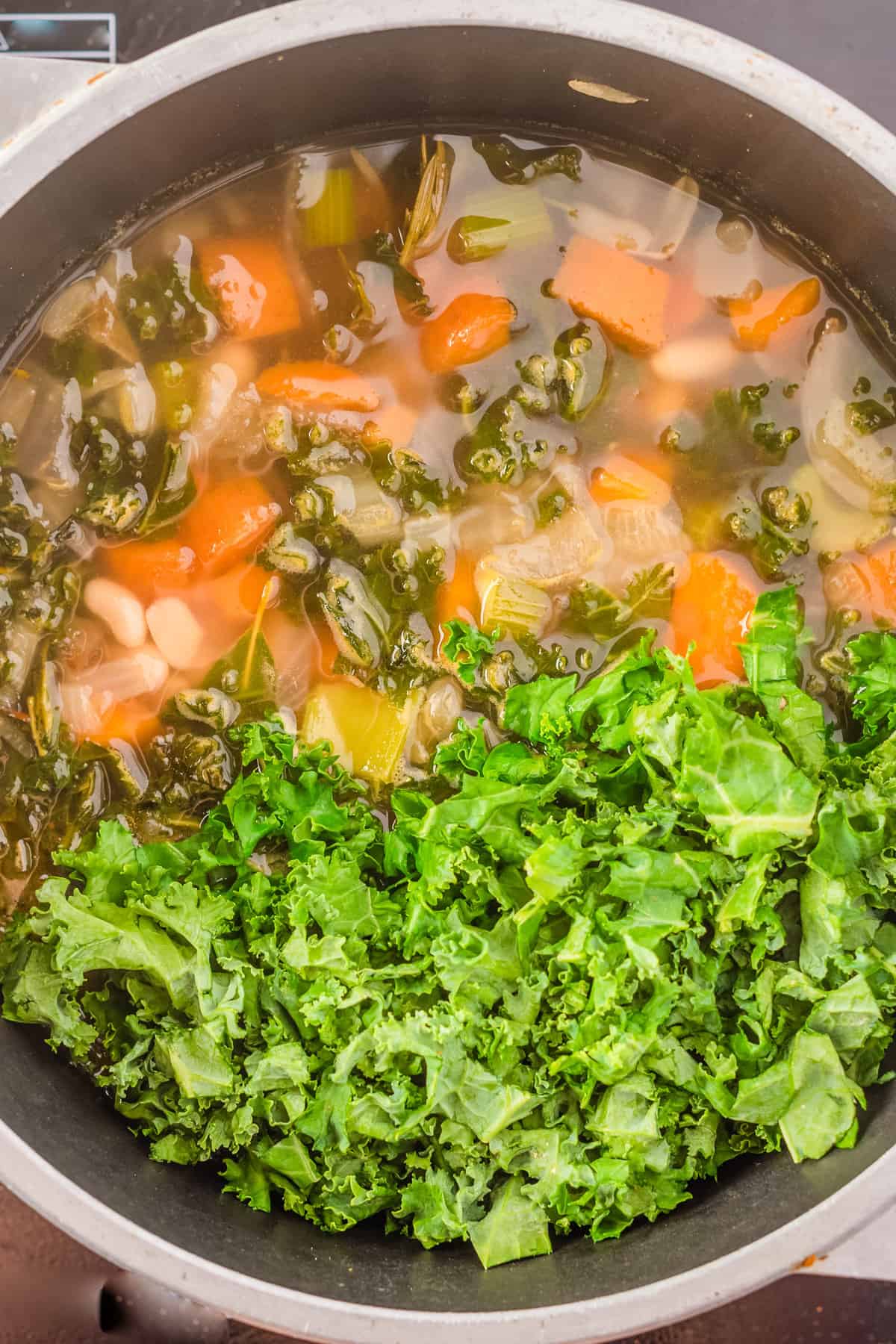 An overhead view of a uncooked tuscan bean soup added with swiss chard leaves on top.