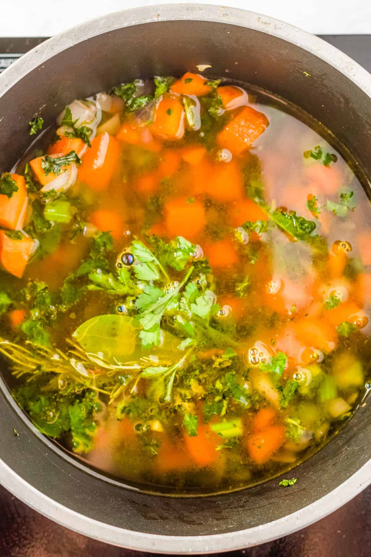 Overhead view of a large pot with stirred shallots, carrots, celery, and chard stalks, and garlic added with broth and bouquet garni.