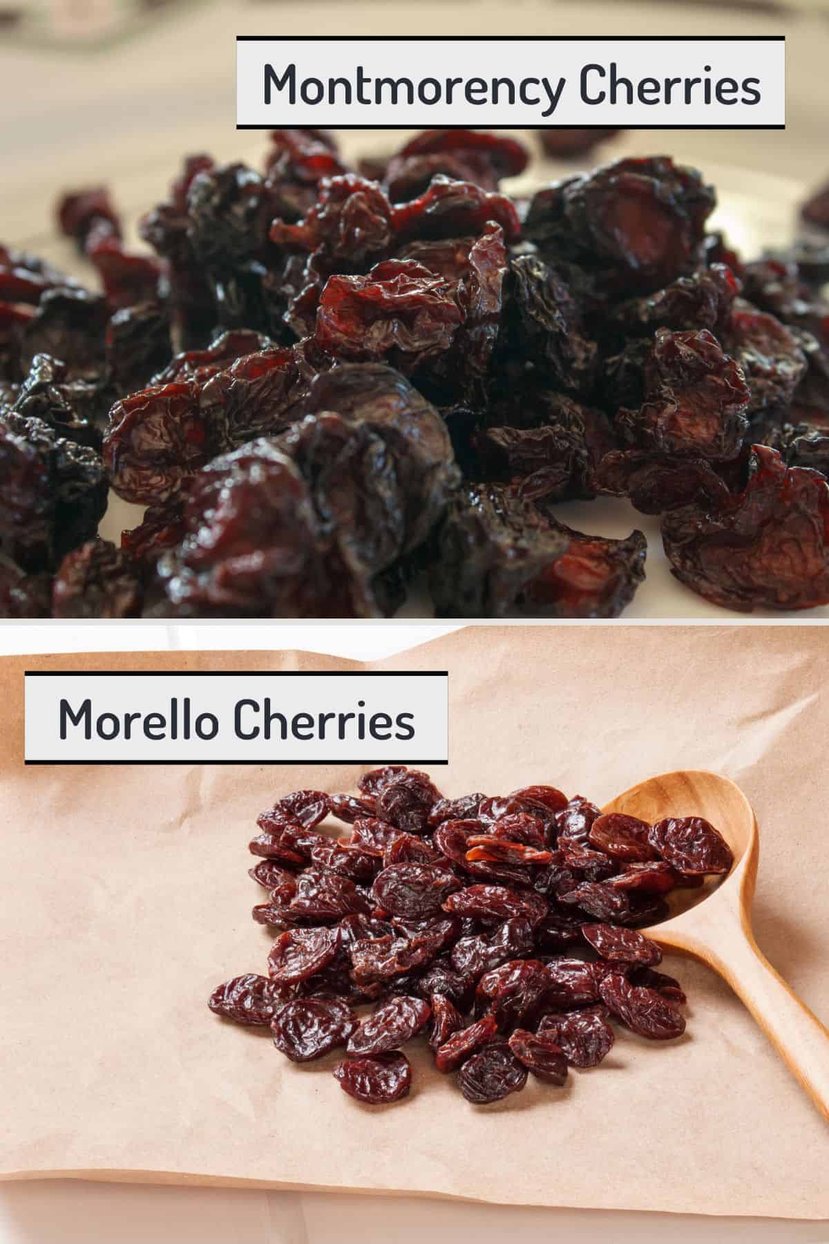 Two panel collage showing Montmorency and Morello cherries on top and bottom, with text overlay of titles.