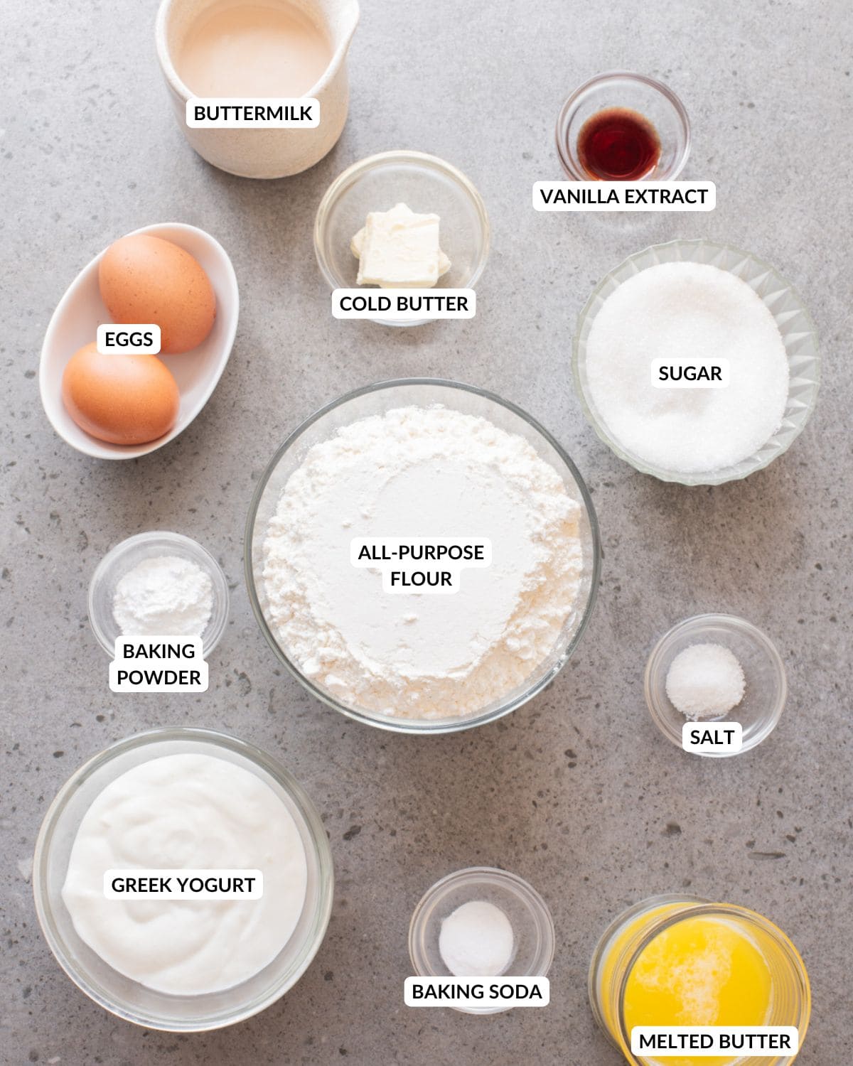 An overhead image of the ingredients of vanilla muffins.