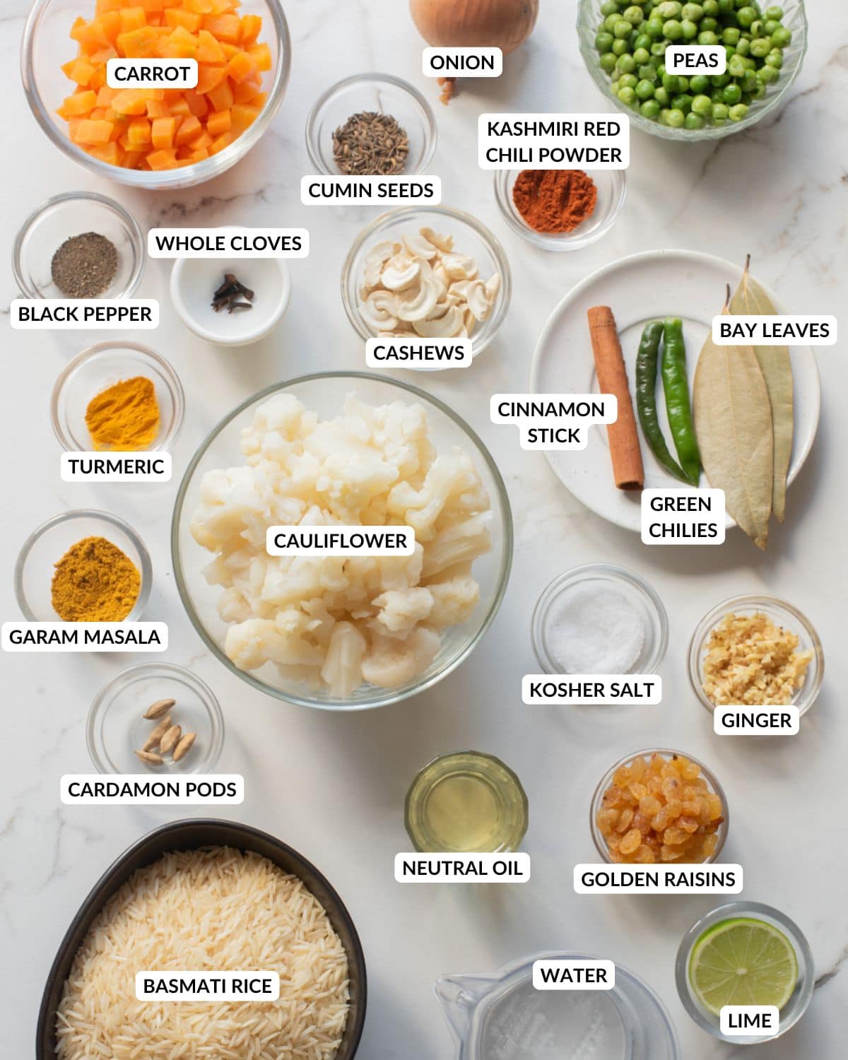 Ingredients for vegetable biryani.