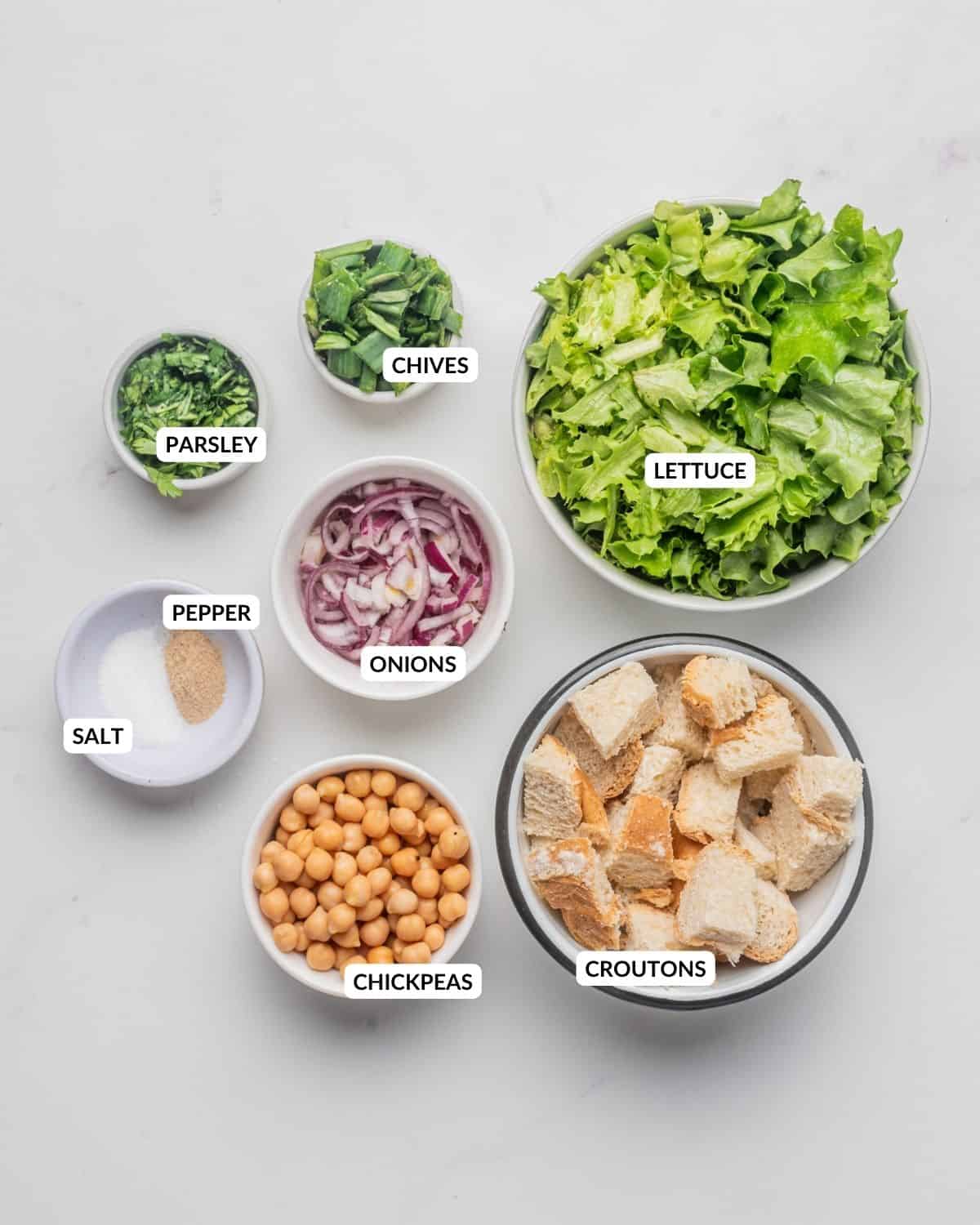 Overhead view of labeled ingredients for vegan Caesar salad - check recipe card for details.