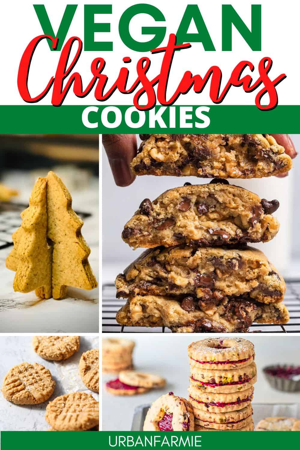 Collage of four vegan Christmas cookies with post title in green and red Christmas-esque font.