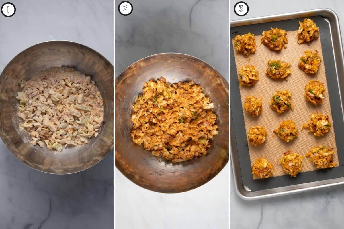 Three step collage showing how to make fritter batter and shape them