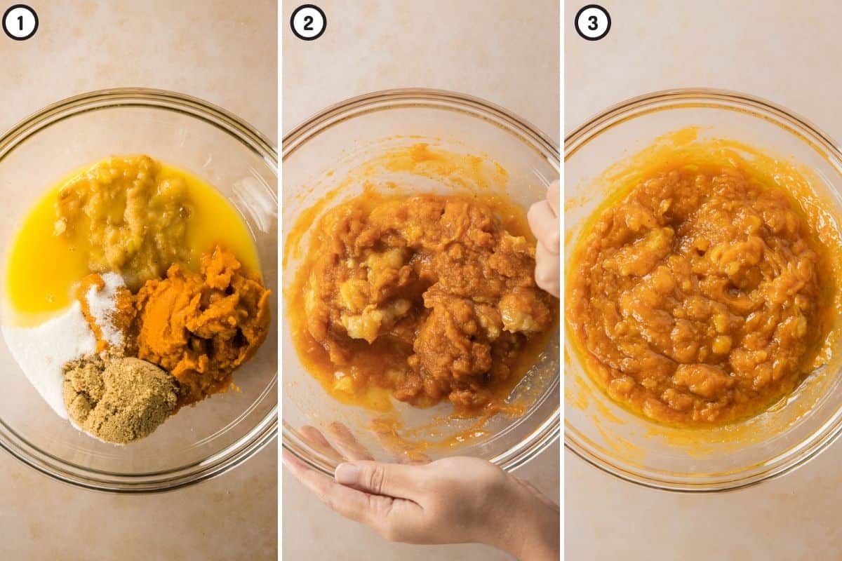 Three panel collage showing how to mix wet ingredients for vegan pumpkin bread