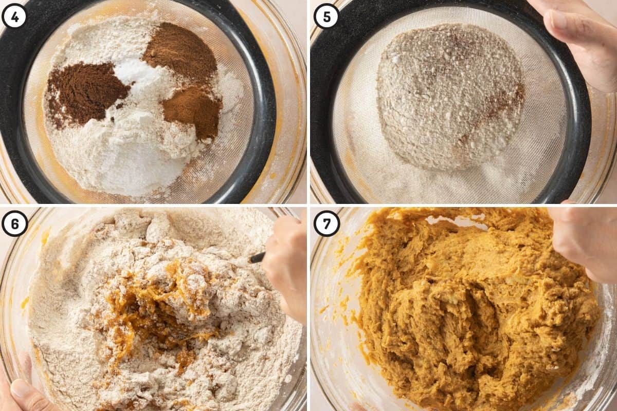 Four panel collage showing how to mix dry ingredients into wet ingredients to make pumpkin bread