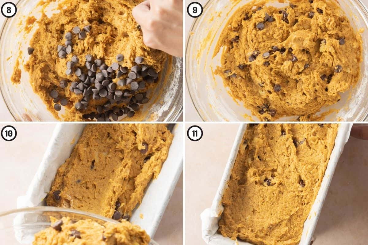 Four panel collage showing how to mix chocolate chips into pumpkin bread batter, and how to pour into loaf pan