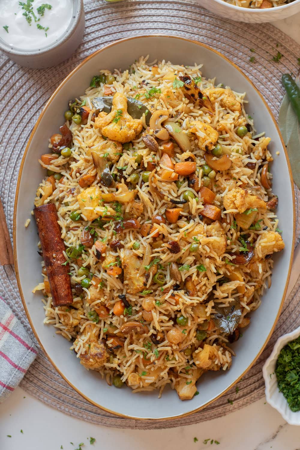 Vegetable biryani folded together and ready to serve.